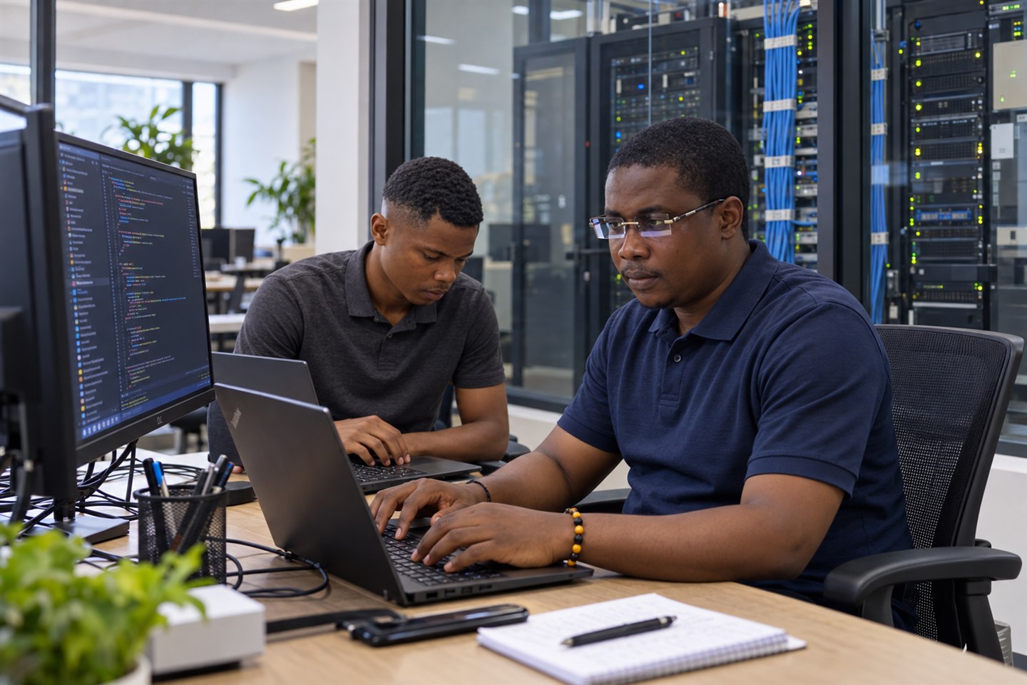 Mise en scène de deux professionnels travaillant sur du code informatique, près de baies de serveurs.